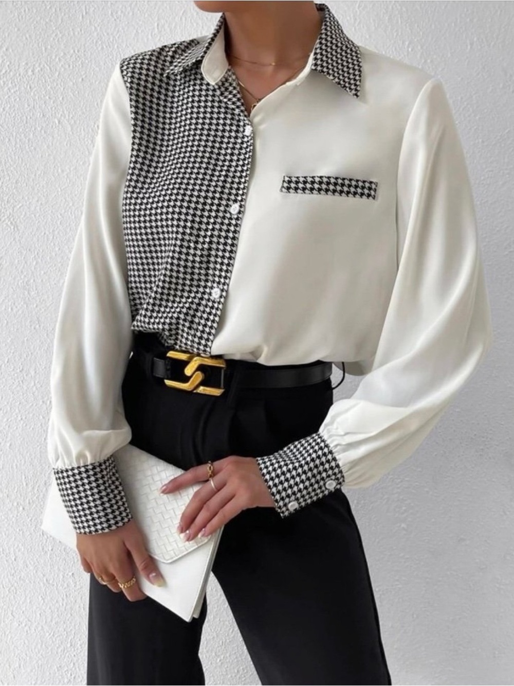 Shein Women's Two-Tone Houndstooth Contrast Button-Up Shirt - White/Black